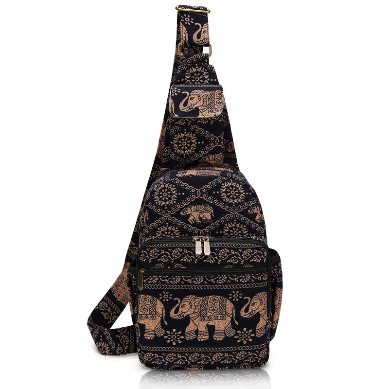 Coton Pose Women sling bag Elephant canvas large boho backpacks bohemian Crossbody bag (Black) - Image 1